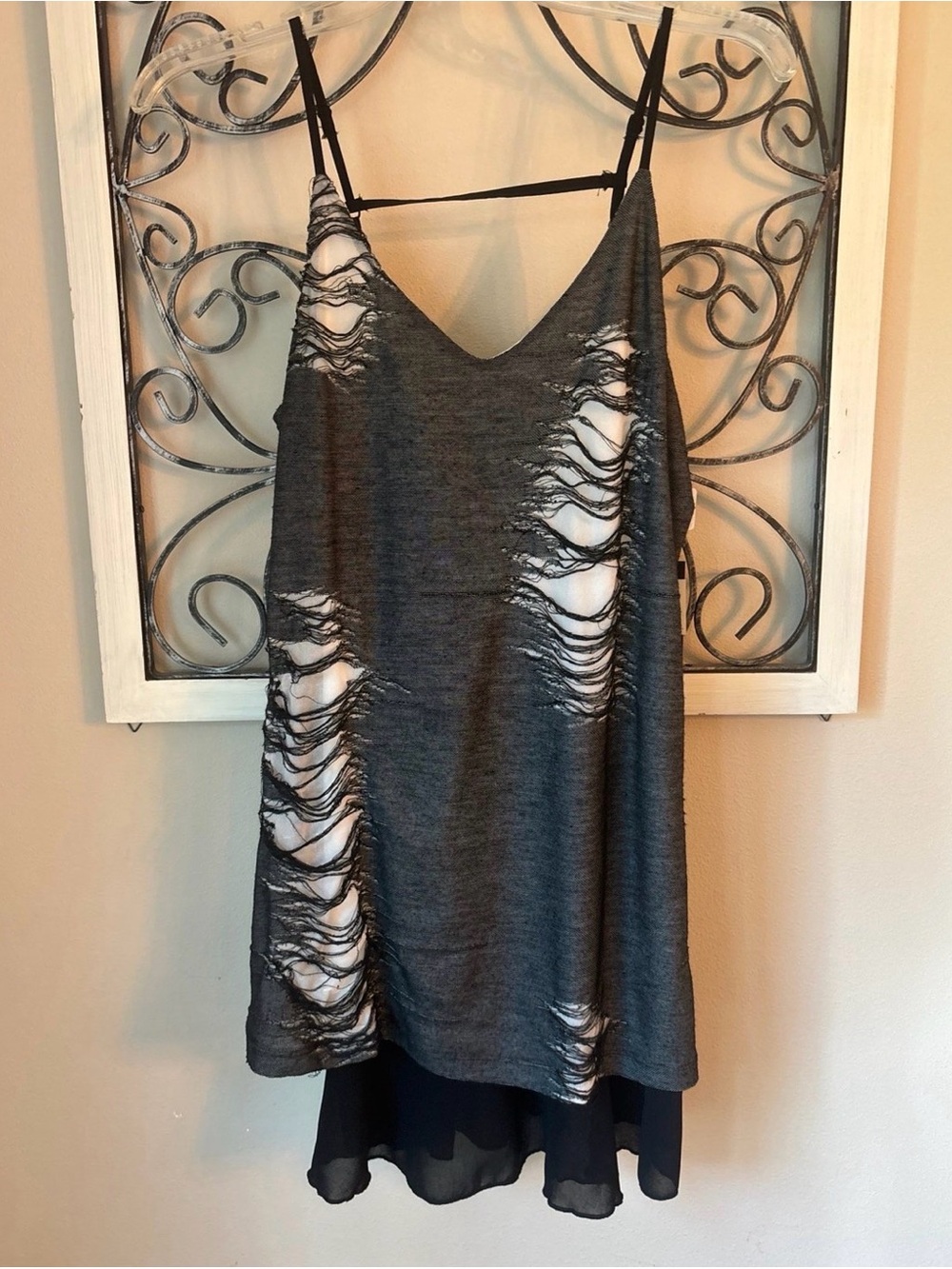 Dex Charcoal Distressed Slip Dress with Chiffon Hem